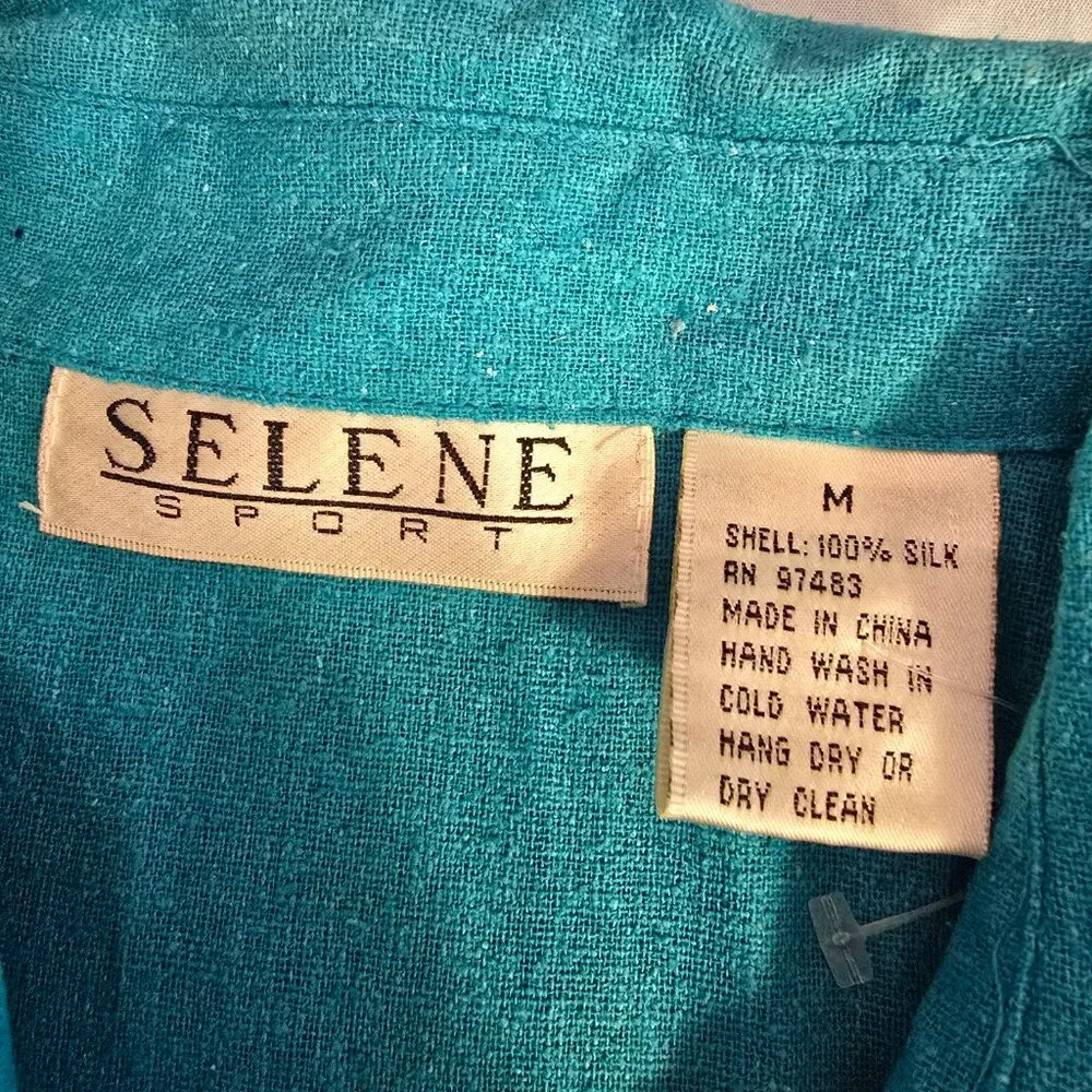 Shirt Women's Turquoise Sleeveless Silk Button Collar Selene Sport Med 1990s NWT - Picture 8 of 11
